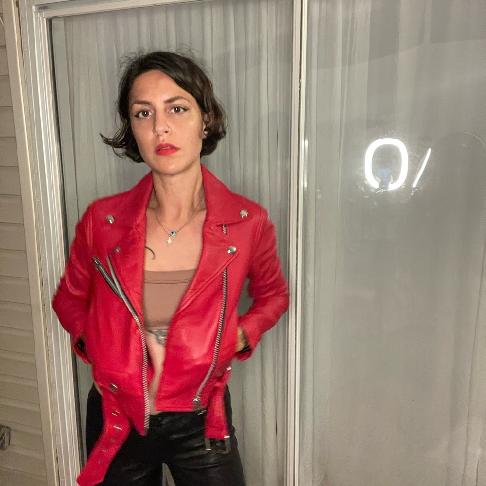 Perfect Y2k lipstick red nasty gal LUSH BUTTA leather jacket moto motorcycle
